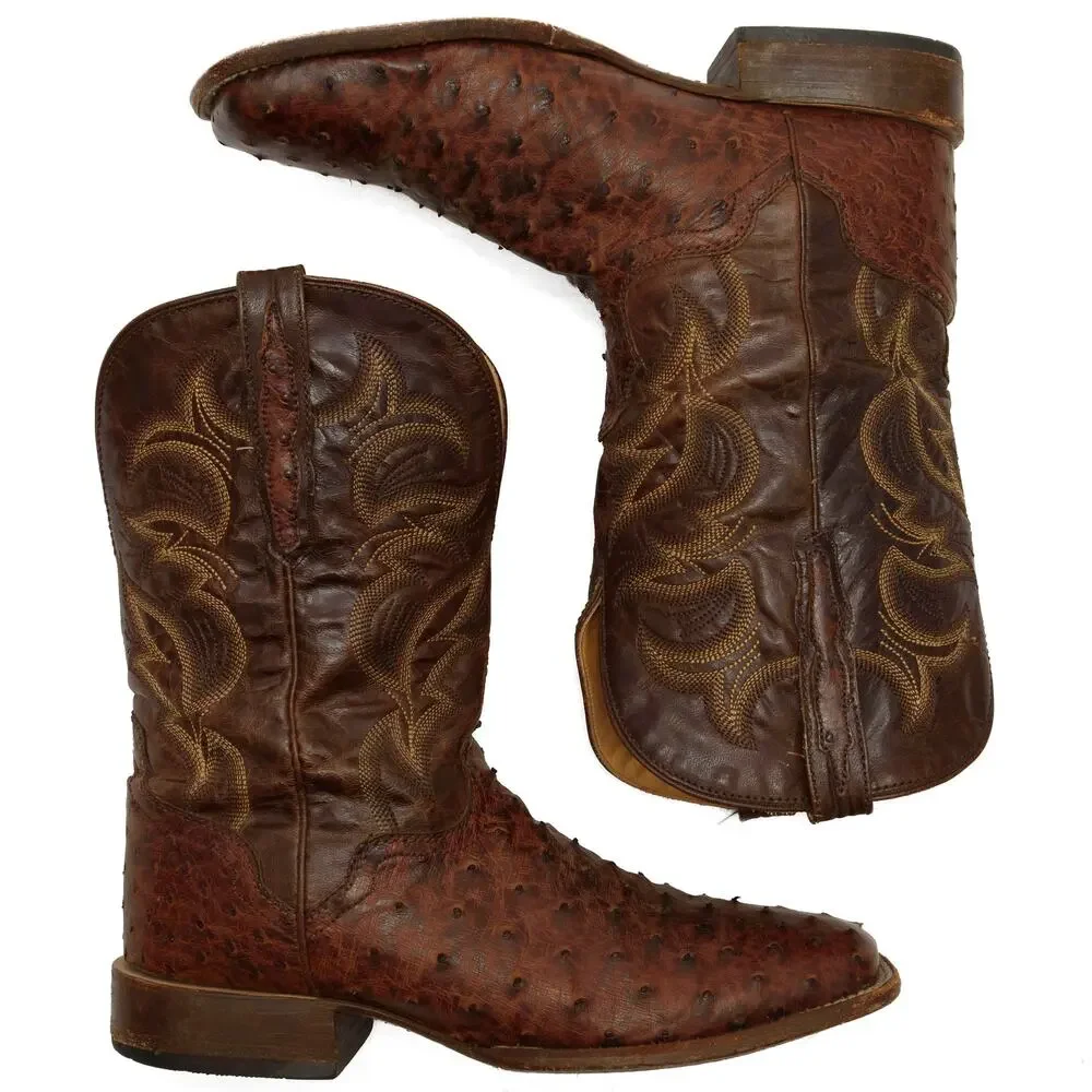El Dorado Handmade Full Quill Ostrich Broad Square Toe Stockman Cowboy Boots 12